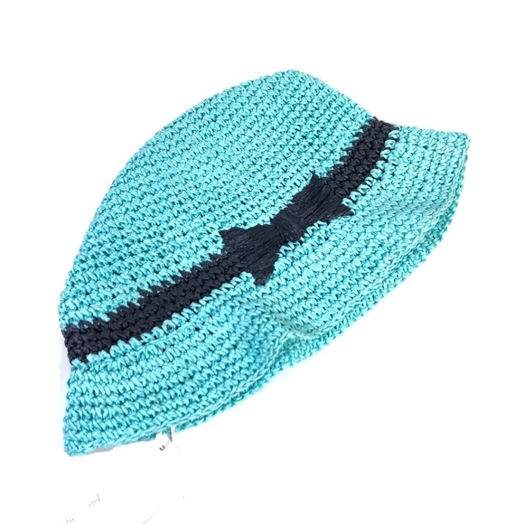 Kate Spade NY Hats Off Pack It Up Blue Paper Crochet Summer Bow Fedora Hat NWT